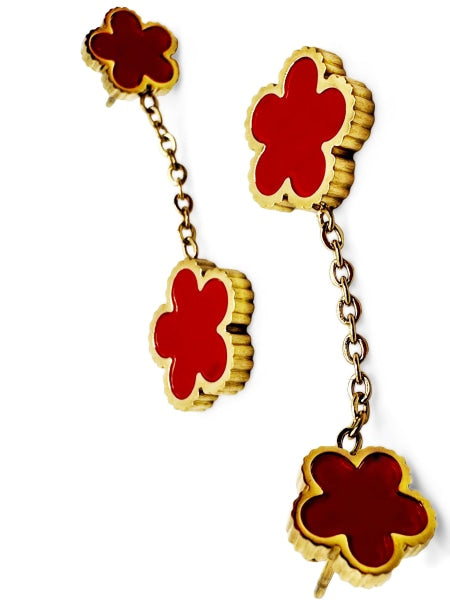 Golden color stainless steel hanging red clovers earrings.