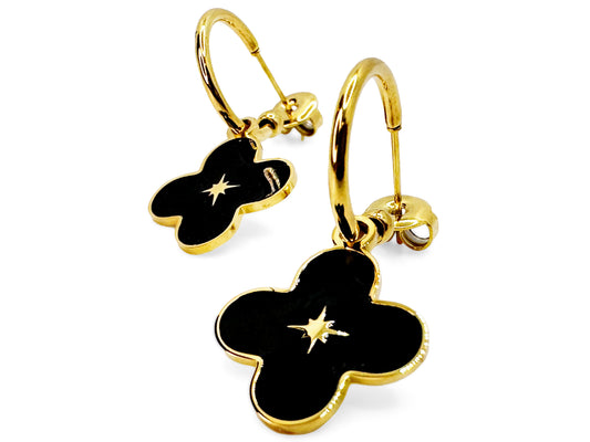 Golden colored stainless steel one black clover hanging earring.